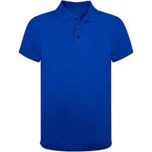 A blue polo shirt with a classic collar and three buttons, featuring a logo on the chest.