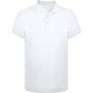 A plain white polo shirt with a collar and three buttons, featuring a branding logo.