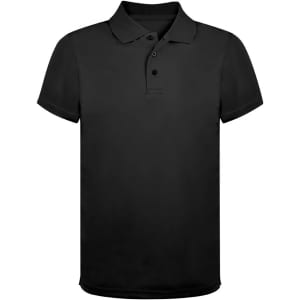A black polo shirt with a collar and three buttons, featuring a logo on the chest area.