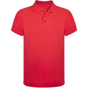 A red polo shirt with a collar and short sleeves, featuring a logo on the chest area.