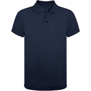 A navy blue polo shirt featuring a collar and three buttons, with a logo on the chest.