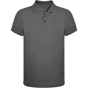 A grey polo shirt with a classic collar and three buttons, featuring a logo on one side.