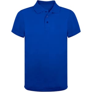 A blue polo shirt with a collar and three buttons, featuring a logo.