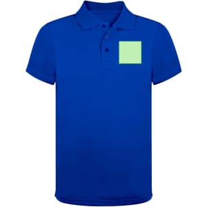 A blue polo shirt featuring a square area for customisation. The shirt has a collar and buttons.