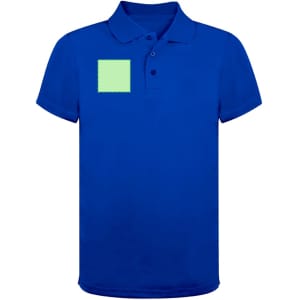 A blue polo shirt featuring a square patch area on the front, with a logo.