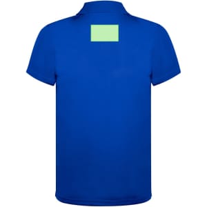 A blue polo shirt featuring a plain area on the back for branding or customization.