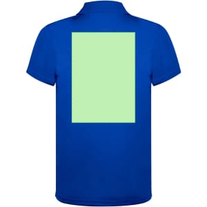 A blue polo shirt featuring a blank green square on the back and a branding logo.