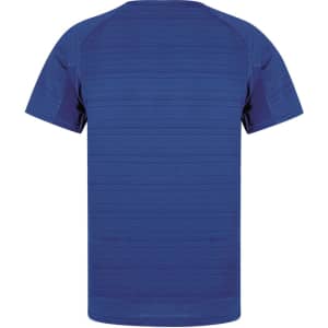 A blue adult T-shirt featuring a textured design and a logo on the back.