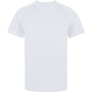 A white adult T-shirt featuring short sleeves and a simple design. It has a logo on it.