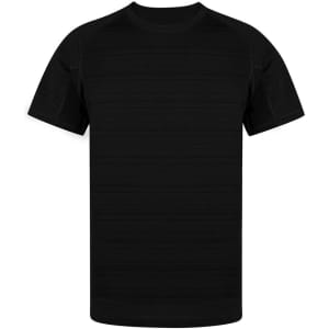 A black adult T-shirt with a textured design and short sleeves, featuring a logo on the front.