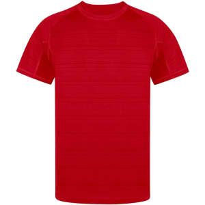 A red adult T-shirt with a simple design and a logo on the front. Suitable for casual wear.