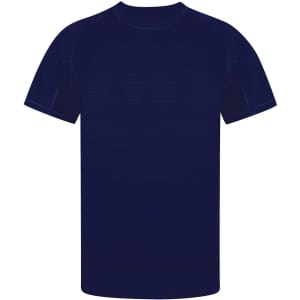 A navy blue adult T-shirt with a round neckline and short sleeves, featuring a logo.