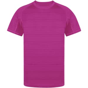 A pink adult t-shirt with a textured pattern and a logo. Short sleeves and a classic fit.