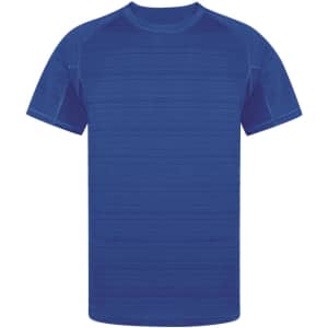 A blue adult T-shirt with a crew neck and short sleeves, featuring a textured pattern and a logo.