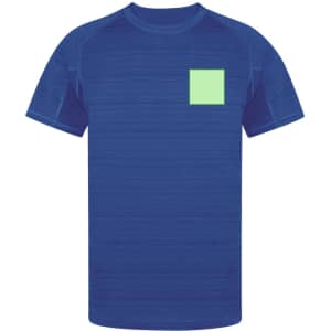 A blue adult T-shirt featuring a textured design and a green square patch on the front. It has a logo on the chest.