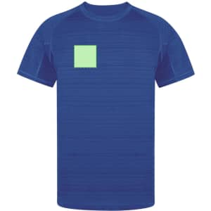 A blue adult T-shirt featuring a small green square patch on the front. It has a logo on one side.