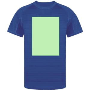 A blue adult T-shirt featuring a central blank area, with a logo present.