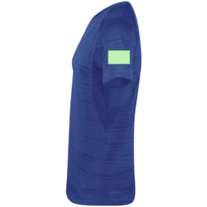 A blue adult T-shirt with a short sleeve and a placeholder area on the arm for a logo or branding.