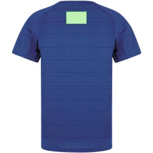 A blue adult t-shirt with short sleeves and a plain back, featuring a small logo or branding.
