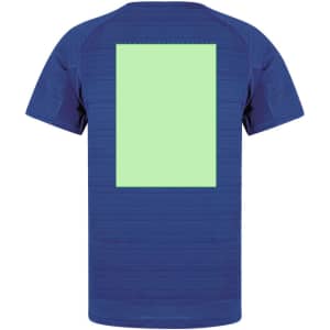A blue adult T-shirt with a plain green rectangular area on the back and a logo on the front.