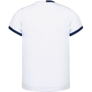 A white adult t-shirt with navy blue cuffs, featuring a simple design and a logo on the back.