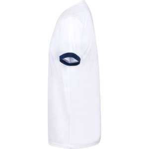 A white adult T-shirt featuring short sleeves with a navy blue accent on the sleeve. It has a logo on it.