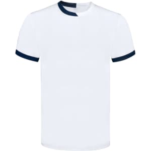 A white adult t-shirt with navy blue trim around the sleeves and collar. It features a logo on the front.