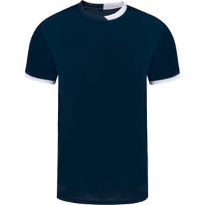 A navy adult t-shirt with white detailing and a logo. Short sleeves and a classic round neck design.