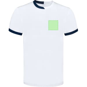 A white adult T-shirt with navy blue trim and a blank green square for potential branding or design.