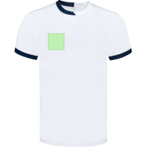 A white adult T-shirt with navy blue sleeves and a square area marked in green for potential customisation.