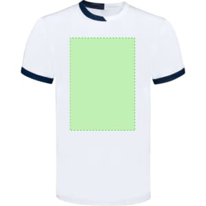 A white adult T-shirt with navy blue accents and a green rectangular area for customisation.