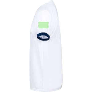 A white adult T-shirt with navy sleeves and a logo on the arm.