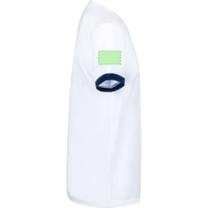 A white adult T-shirt with a navy blue sleeve and a logo on the sleeve.