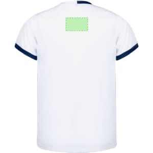 A white adult T-shirt with navy accents on the sleeves and a blank area on the back for printing.