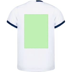 A white adult T-shirt with navy blue accents and a blank green rectangle on the back, featuring a logo.