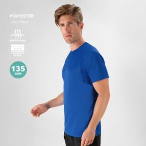 A blue adult t-shirt made of breathable mesh fabric, featuring a logo, showcased on a model.
