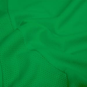 A green adult t-shirt with a breathable, mesh-like texture. It features an embedded logo design.