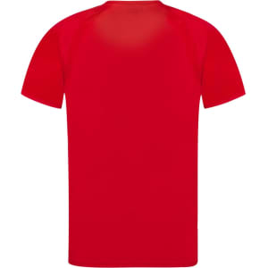 A red adult T-shirt featuring a plain back design and a branding logo.