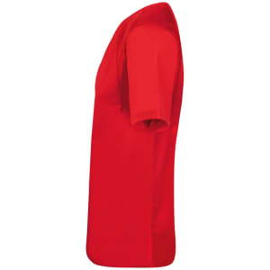 A red adult T-shirt with short sleeves, featuring a plain design and a logo on the front.
