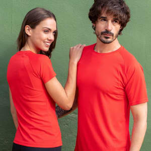 A red Tecnic Sappor adult T-shirt displayed on a male and female model, featuring a logo.