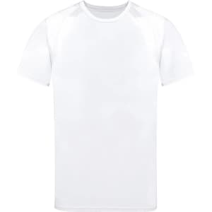 A white adult t-shirt with a simple design and a logo on the chest area.