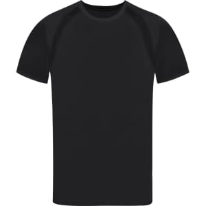 A black adult t-shirt with short sleeves, featuring a logo on the front.