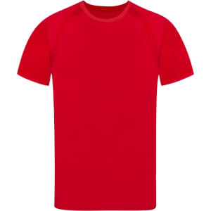 A red adult T-shirt with short sleeves, featuring a logo on the front.
