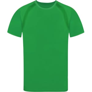 A bright green adult T-shirt with short sleeves and a round neckline. It features a logo on the front.