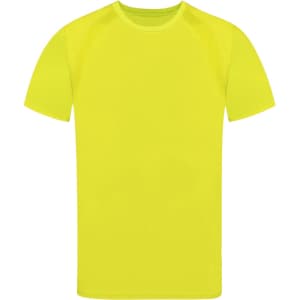 A bright yellow adult T-shirt with short sleeves, featuring a simple design and a logo.