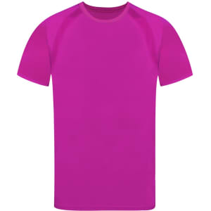 A pink adult T-shirt featuring a simple design and a logo on the front.