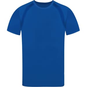 A blue adult T-shirt featuring short sleeves and a crew neckline. It has a logo on the front.