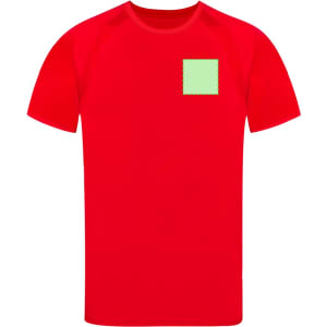 A red adult t-shirt featuring a green square patch and a logo on the front.