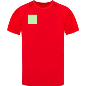 A red adult T-shirt featuring a small green square on the front. The shirt has short sleeves and a crew neck.