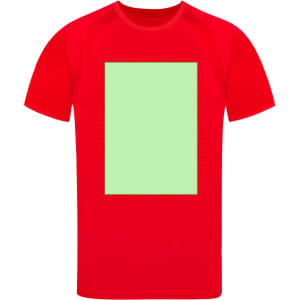A red adult T-shirt featuring a plain green rectangular area on the front. The shirt has a branding logo.